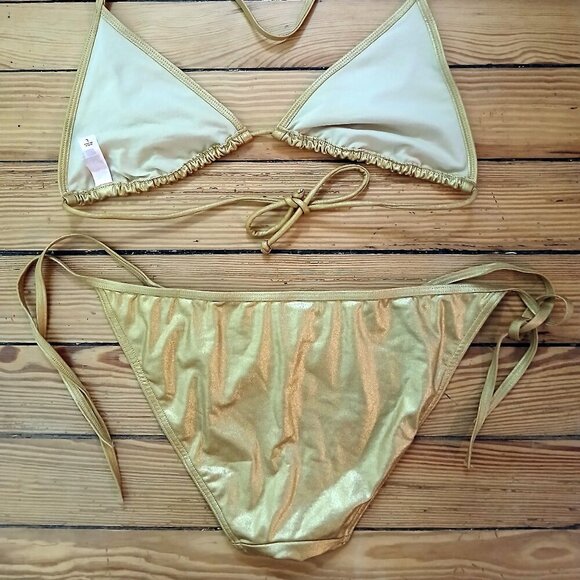 Victoria's Secret Vintage Y2K Gold Lame' Triangle String Bikini SzL - Picture 2 of 7